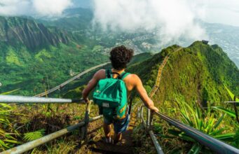 Enjoy your vacation at the best tourist spots A man wearing a bag and walk on bridge